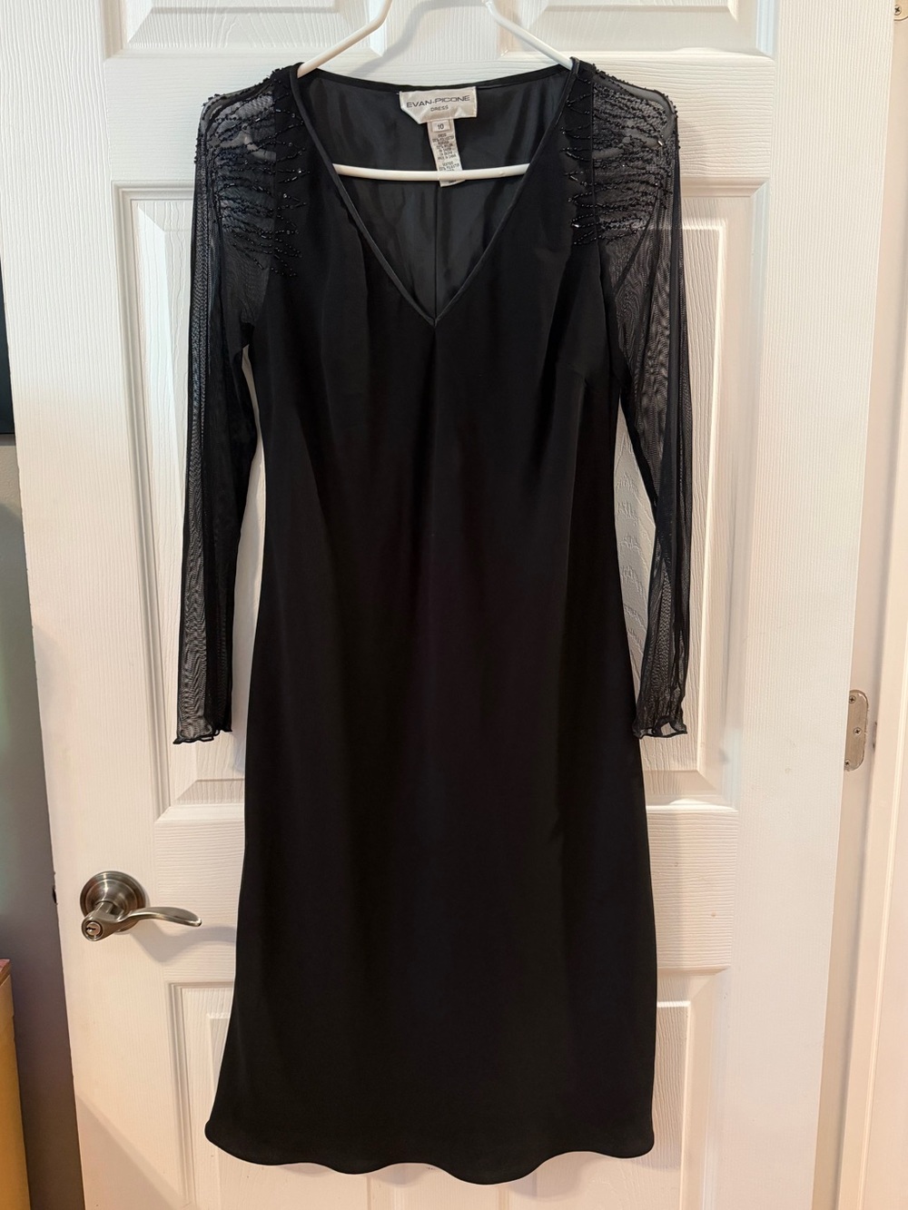 Evan Picone Black V-Neck Dress with Sheer Beaded Sleeves